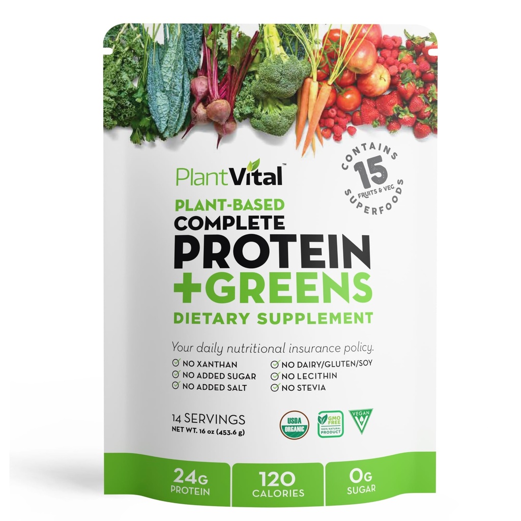 Plantvital Neochucený organický Vegan Protein Powder - 15 Superfoods, Veggies and Probiotics - Organic Plant- Based Protein Powder - All BCAA 's, gluten Free - 16oz -1 Pouch
