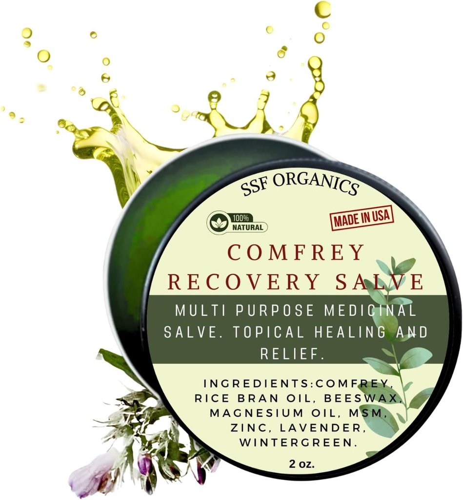 SSF Organics Comfrey Recovery Salve. Organický bylinný balzám pro kosti, svaly, klouby, kolena, kůže, otoky a tetování péče. Ručně vyrobeno. Žádné chemické plnidla. 2 oz