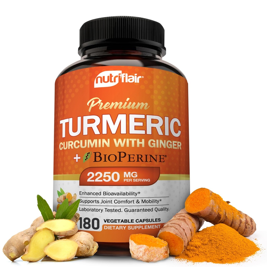 NutriFlair Kurkumin kurkumin se zázvorem a BioPerine Black Pepper doplňky, 180 Kapsle - 95% Kurkuminoidy - Společná podpora, Antioxidant, Anti Aging - Přírodní, Non- GMO, Vegan Nejlepší maximální potenciál