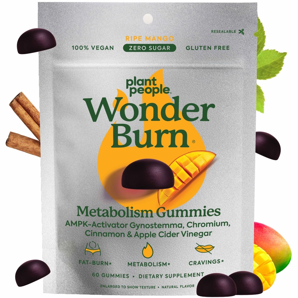 Plant People Wonderburn Metabolismus a chutě Control Gummies, Nulový cukr, Ripe Mango Flavor (60 Počet)
