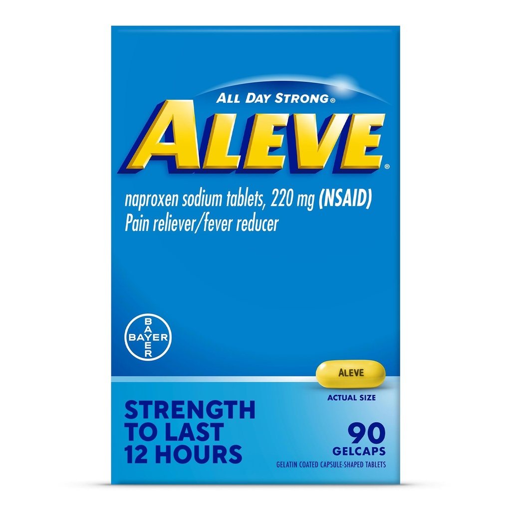 Aleve Pain Reliever & Fever Reducer Gelcaps, Naproxen Sodná sůl, bolest hlavy a zad a bolest v těle, pro dospělé a děti věku 12 a více, 90 Počet