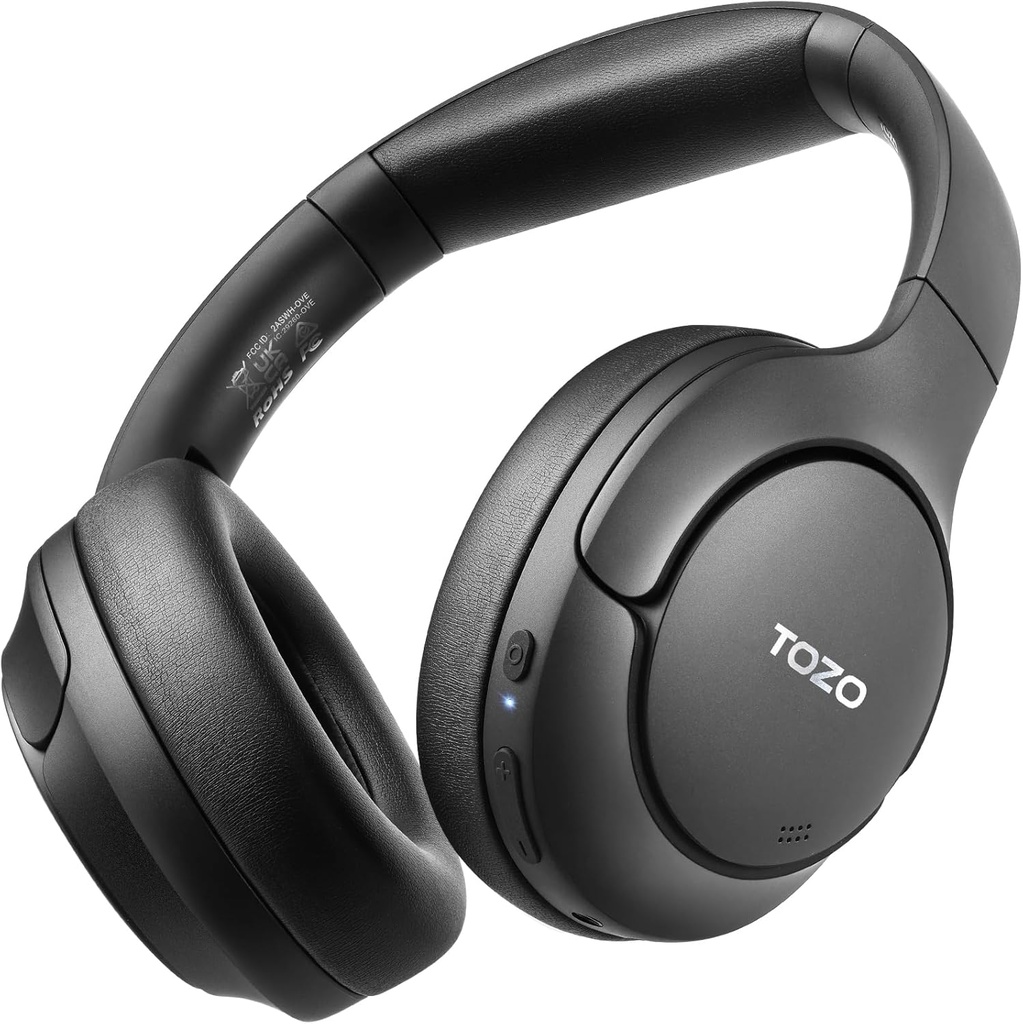 TOZO HT2 Hybrid Aktivní hluk Cancelling sluchátka, Bezdrátové přes ucho Bluetooth headset, 60H Playtime, Hi-Res Audio Custom EQ prostřednictvím App Deep Bass Comfort Fit Uar Cups, pro Home Office Travel Black