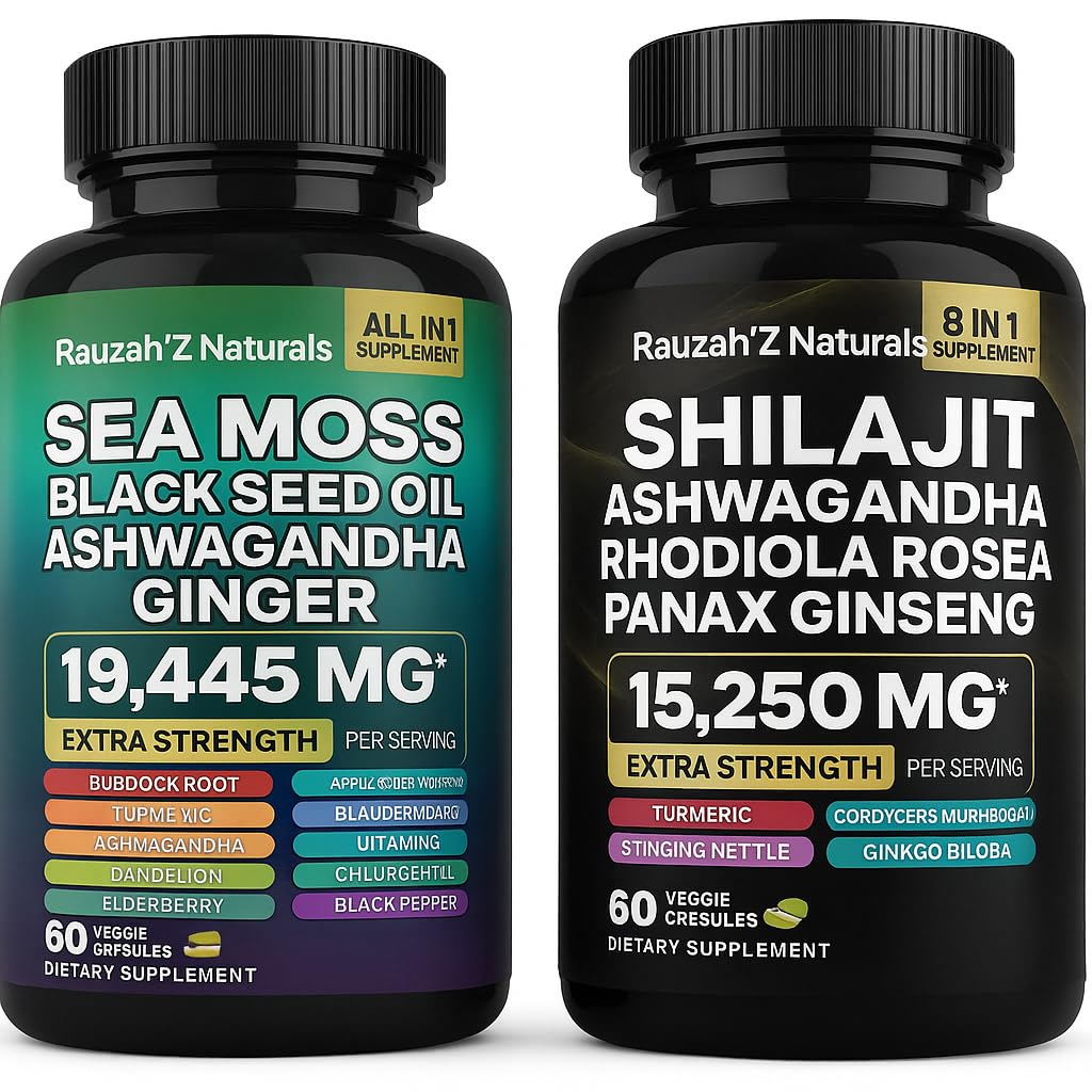 Sea Moss and Shilajit Bundle - Sea Moss, Black Seed Oil, Ashwagandha, Ginger & Shilajit, Rhoddiola Rosea, Panax Ginseng