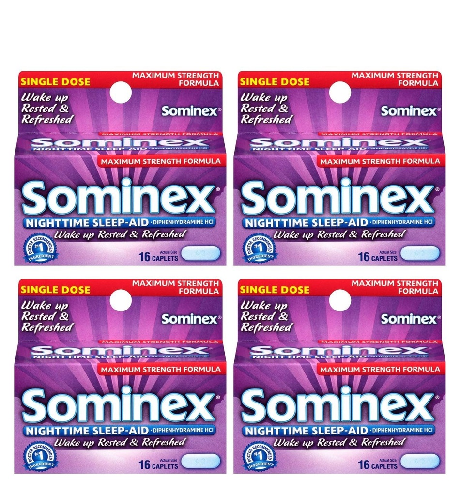 Sominex Nighttime Sleep- Aid Caplet, Maximální síla, 16 ea (balení po 4)