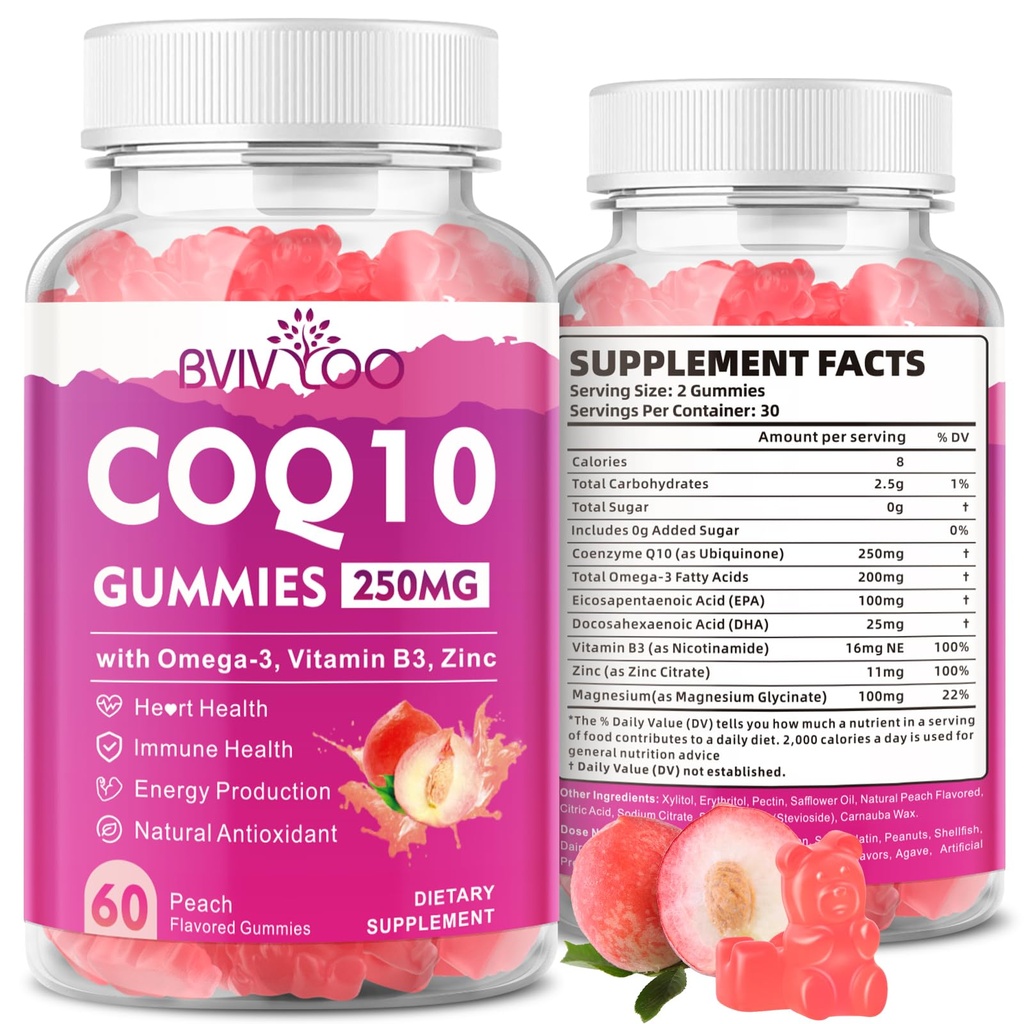 Sugar- Free CoQ10 Gummies 250mg, Plus Omega-3, vitamin B3 & zinek, hořčík - vysoká absorpce Coenzym Q10 doplňky pro srdeční zdraví, celulární energie, a antioxidant podpora, 60 Počet