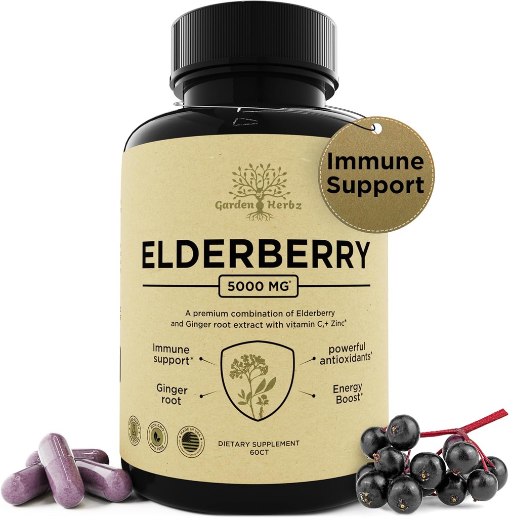 Elderberry s vitamínem C, zinek, & Ginger - Potenciální imunitní posilovač 5000 Mg Elderberry, zinek, & Vitamin C - Non- GMO imunity Vitamíny pro dospělé, aby vám pomohl cítit vibrační, 60 Caps.