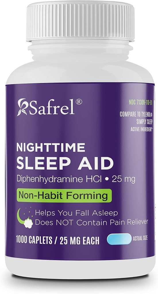 Safel Nighttime Sleep Aid, Diphenhydramine HCl 25mg COMM124; Strong Non Habit- Forming Restful Sleeping Support for Men & Women Asleep Faster & Wake Up Refreshed (1000 hrabě 1), 1000, hrabě)