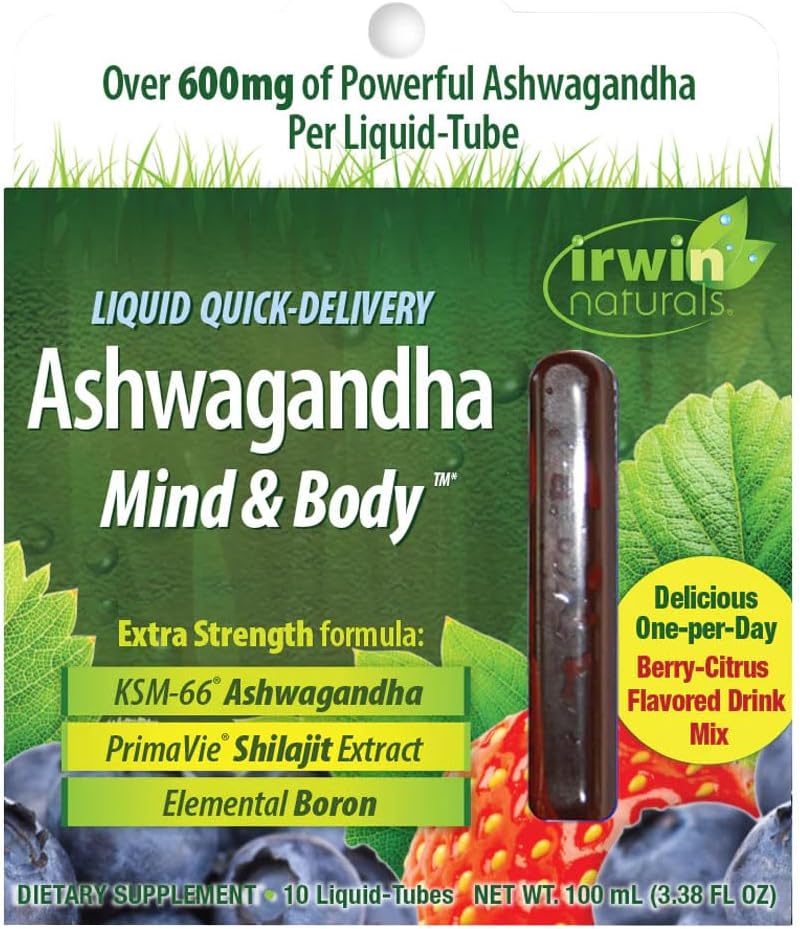 Irwin Naturals Liquid Quick-Delivery Ashwagandha Mind & Body - 10 Liquid- Tubes - Zvyšuje fyzickou & duševní výkonnost - One- Per- Day Berry-Citrus ochucený nápoj Mix