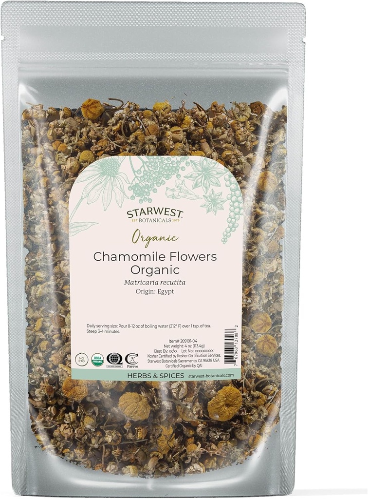 Starwest Botanicals Organic Heřmánek Květiny celý - Sušený Loose Leaf Herb pro čaj, Bylinné vody, & Pečení, Sourced from Egypt, Certified Kosher, Non- GMO - 4 oz Pouch