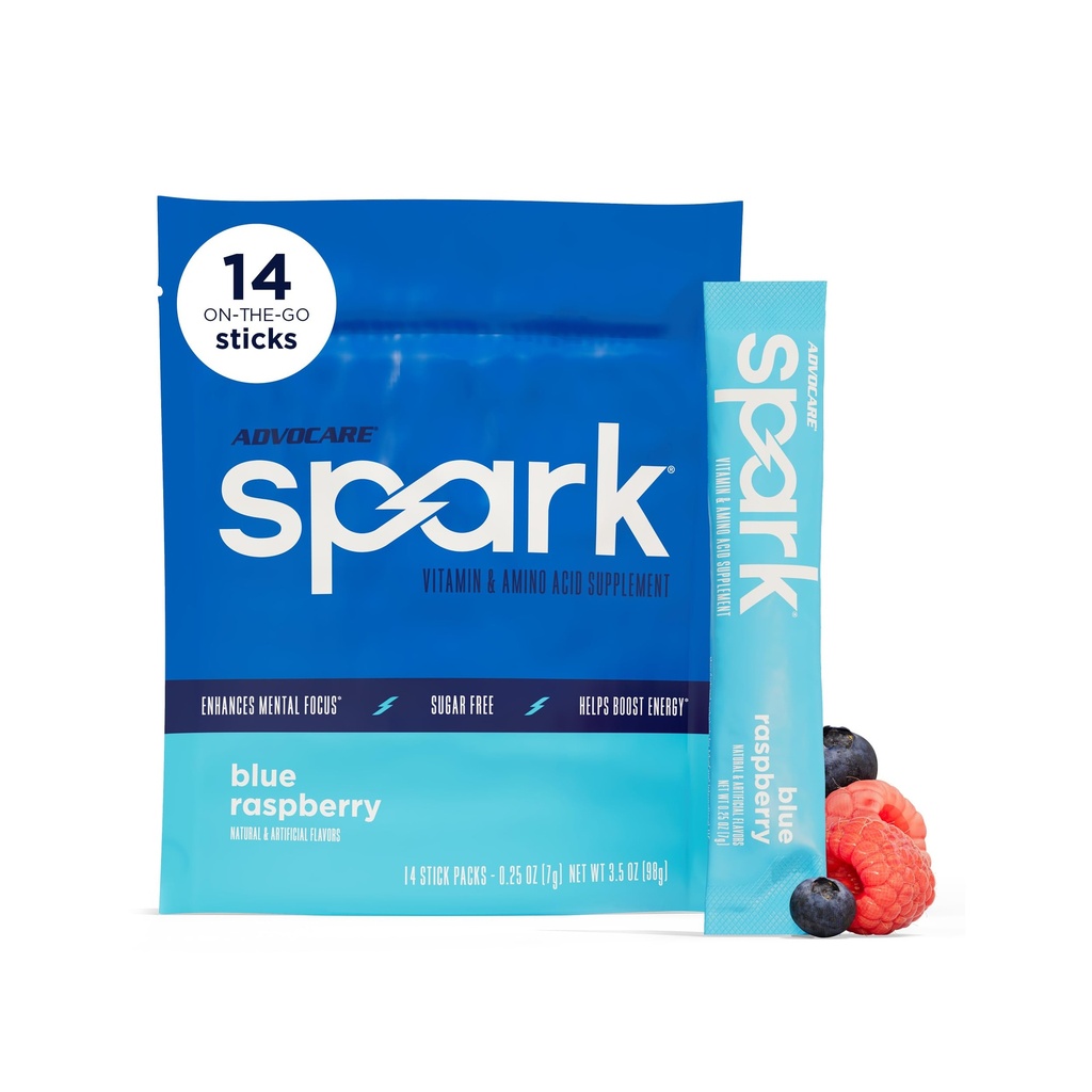 AdvoCare Spark - Energy Drink Mix - Vitamin & Amino Acid Supplement - Podporuje Energy & Focus * - Přenosná imunitní podpora * - Sugar- Free - Blue Raspberry, 14 Stick Packs (3.5 oz)