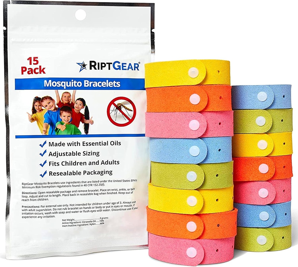 Náramky z komárů RiptGear - 15 Pack Náramek z komárů pro děti a dospělé, Náramek z hmyzu, Náramek z Citronella - Náramky z komárů zdarma, Kempovací doplňky