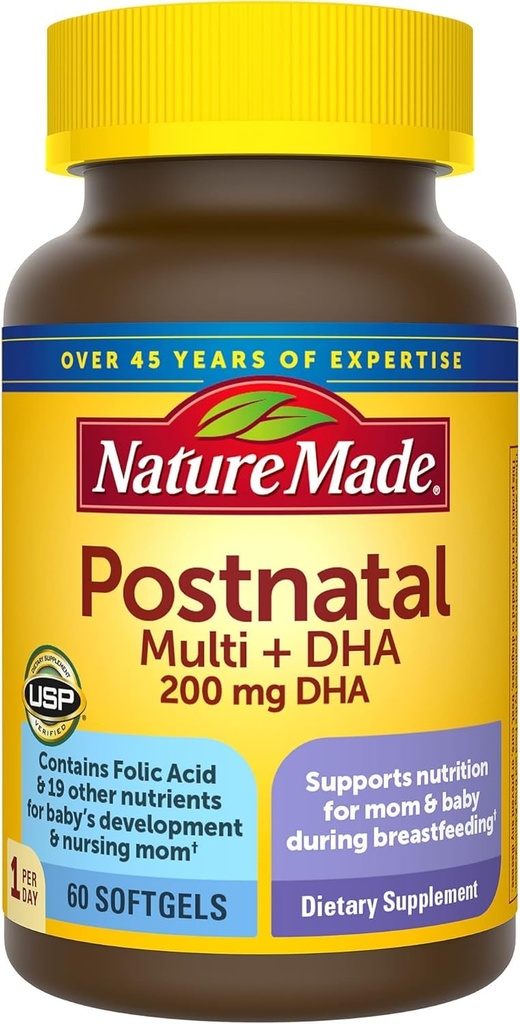 Natural Made Postnatal Multivitamin + DHA 200 mg, 60 Softgels, na podporu kojících matek & mimies Během kojení, Postnatální vitamíny & výživné obsahují železo, vitamin D3, vápník, jód