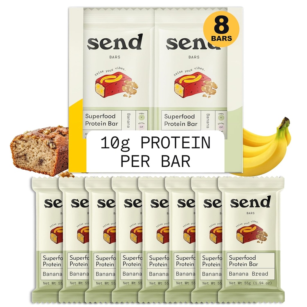 Poslat bary Plant- based Vegan zdravé proteinové bary, Se zelenými (Banana Bread, 8 Bary) - Pouze skutečné ingredience, Zero přidaný cukr, gluten- Free, Dairy- Free