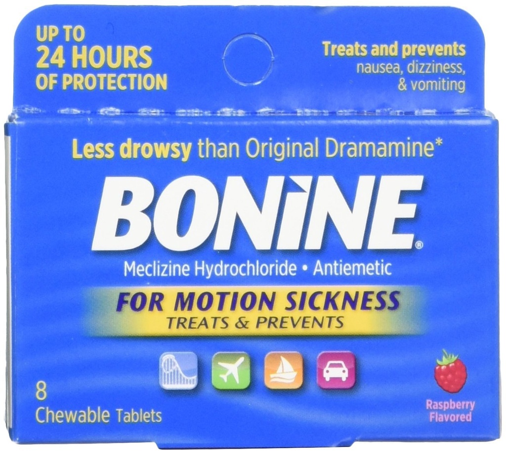 Bonine for Motion Nemoci Žvýkací tablety, Malina Ochucené, 8 Každý