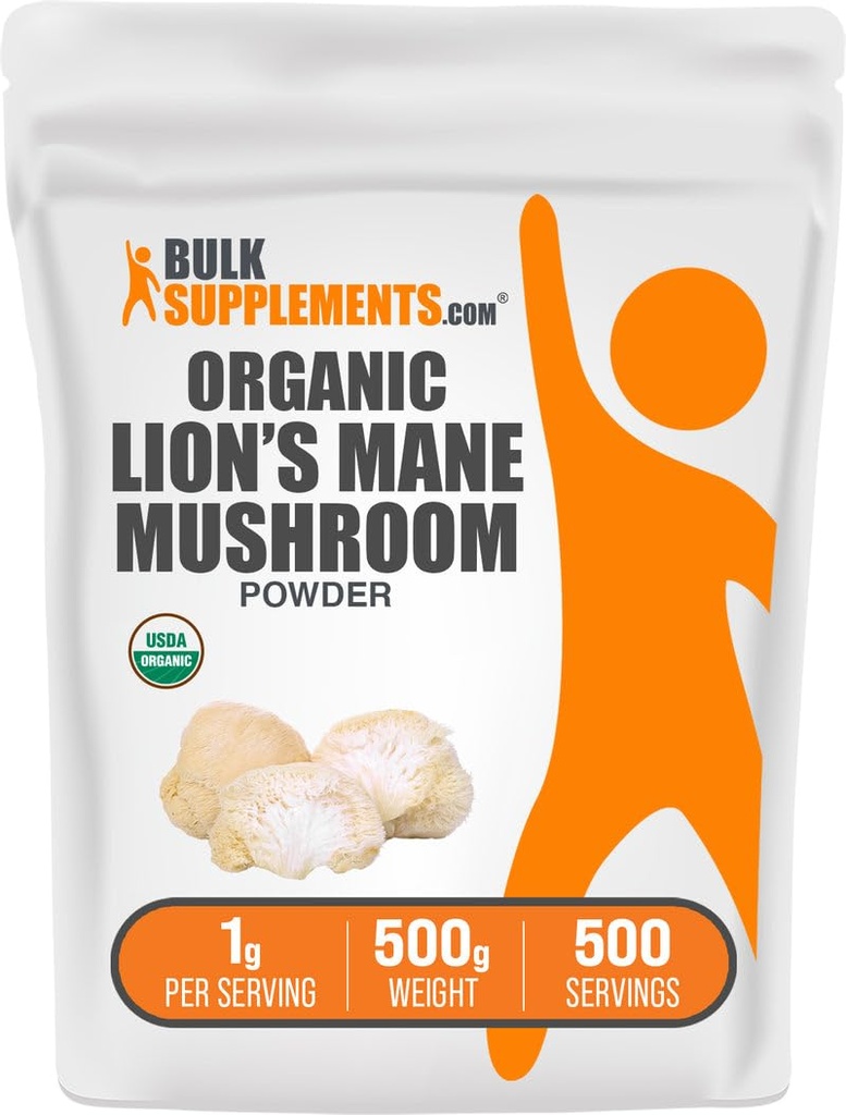 BulkSupplements.com Organic Lions Mane Houba Powder - Lions Mane Powder, Houbový dodatek - Vegan & Gluten Free, 1g per Serving, 500g (1,1 lbs) (balení po 1)