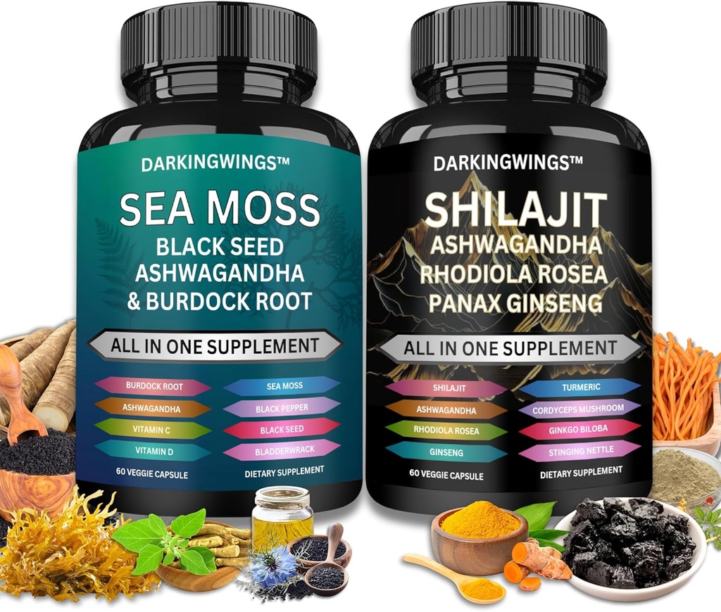 Shilajit a mořský mech combo - Sea Moss 3000mg, Black Seed Oil 2000mg, Ashwagandha 2000mg, Shilajit 9000mg, Rhodiola Rosea1000mg, Panax Ginseng1500mg PHARMA124; mořský mech a shilajit svazek, vše v jednom dodatku