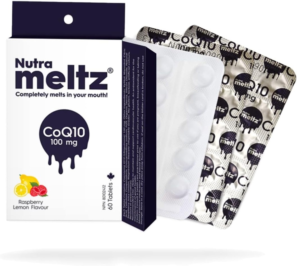 Nutra meltz CoQ10 100 mg - Coenzym Q10 podporuje srdeční zdraví, zlepšuje výrobu energie Rychlé rozpuštění tablet pro nedostatek enzymu - Malina & Lemon Flavor (60 tablet)