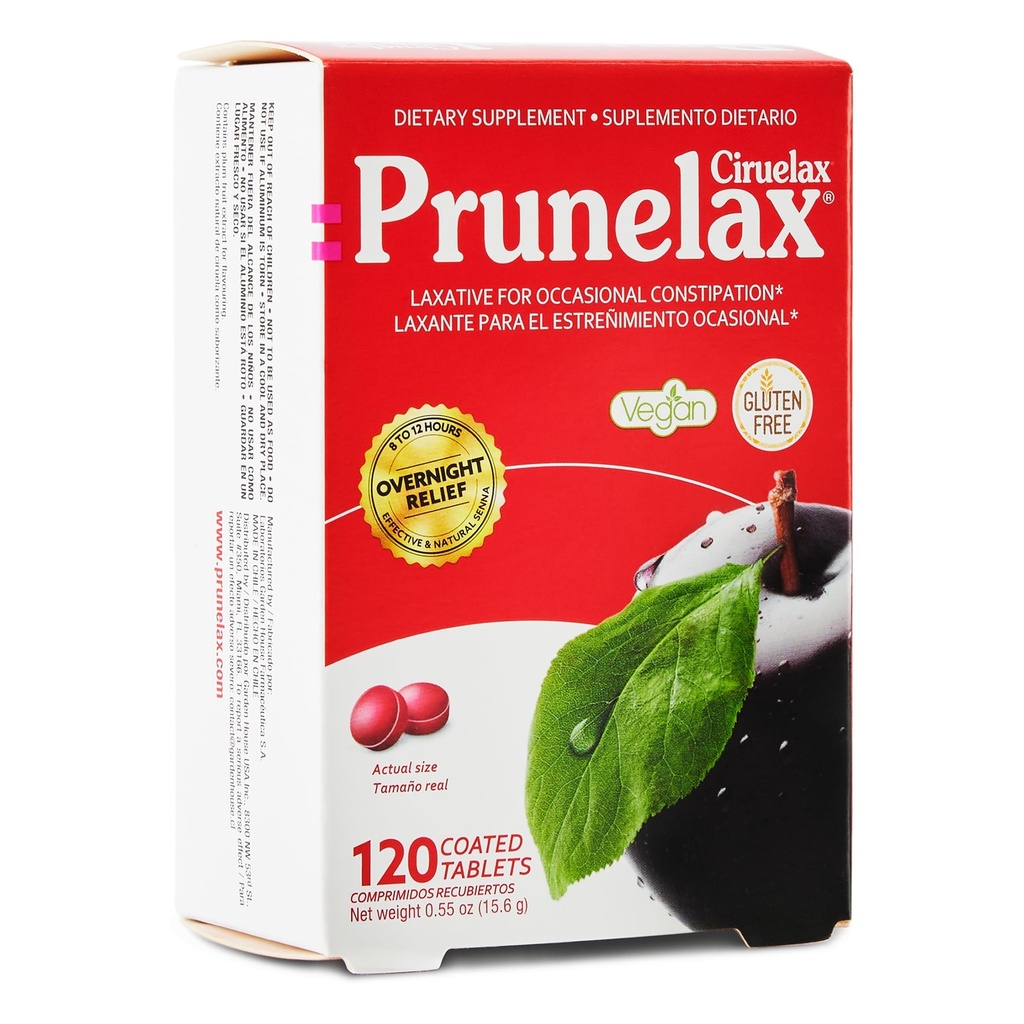 Prunelax Ciruelax Pravidelná síla Laxative Mini tablety - noční Relief pro příležitostné zácpy, Senna Extract, Vegan & gluten- Free, Gentle Relief - 120ct