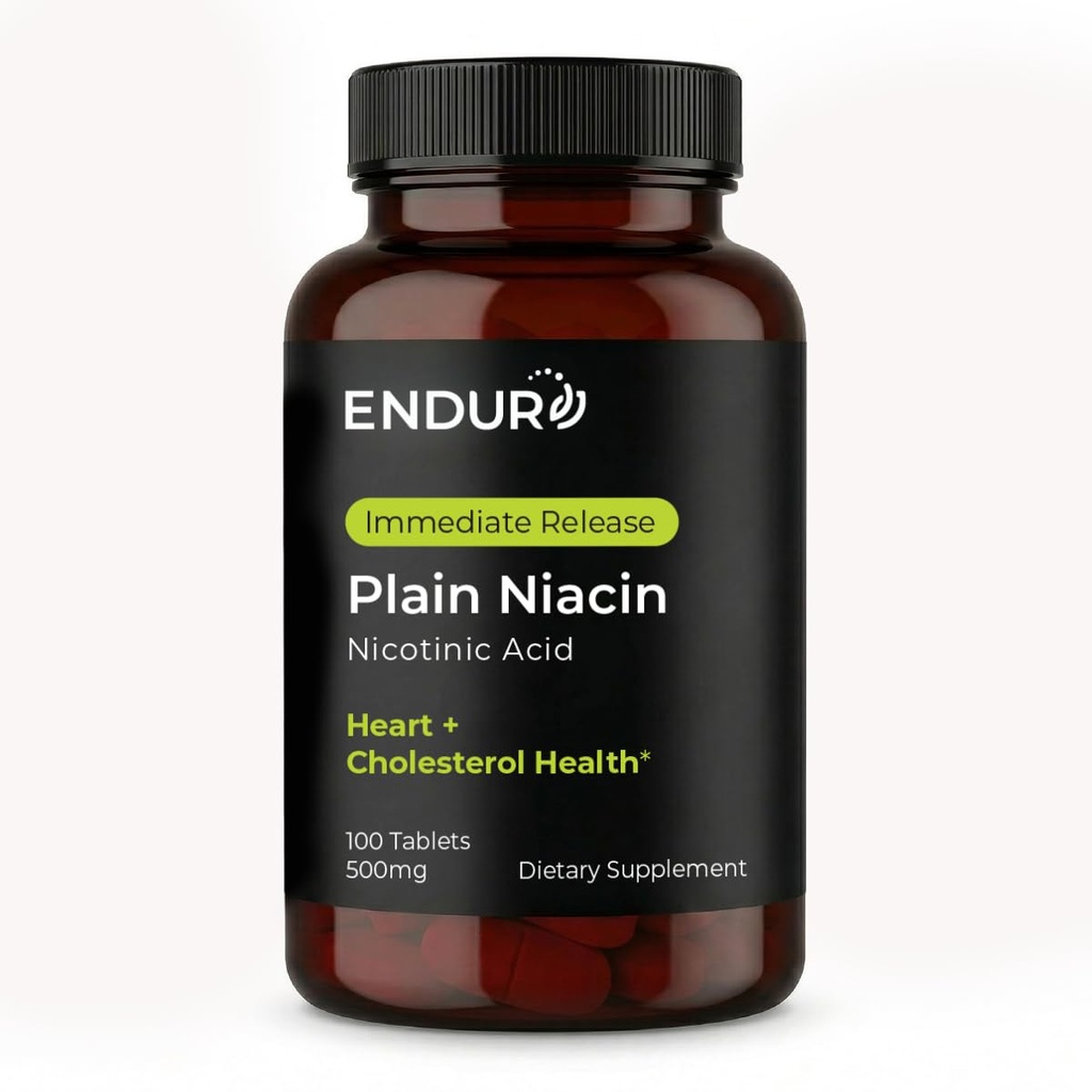 Endur Plain Niacin (kyselina nikotinová), Heart Health & Health Cholesterol Balance Supplement, Release Formule, Gluten Free, 500 mg (100 tablet)