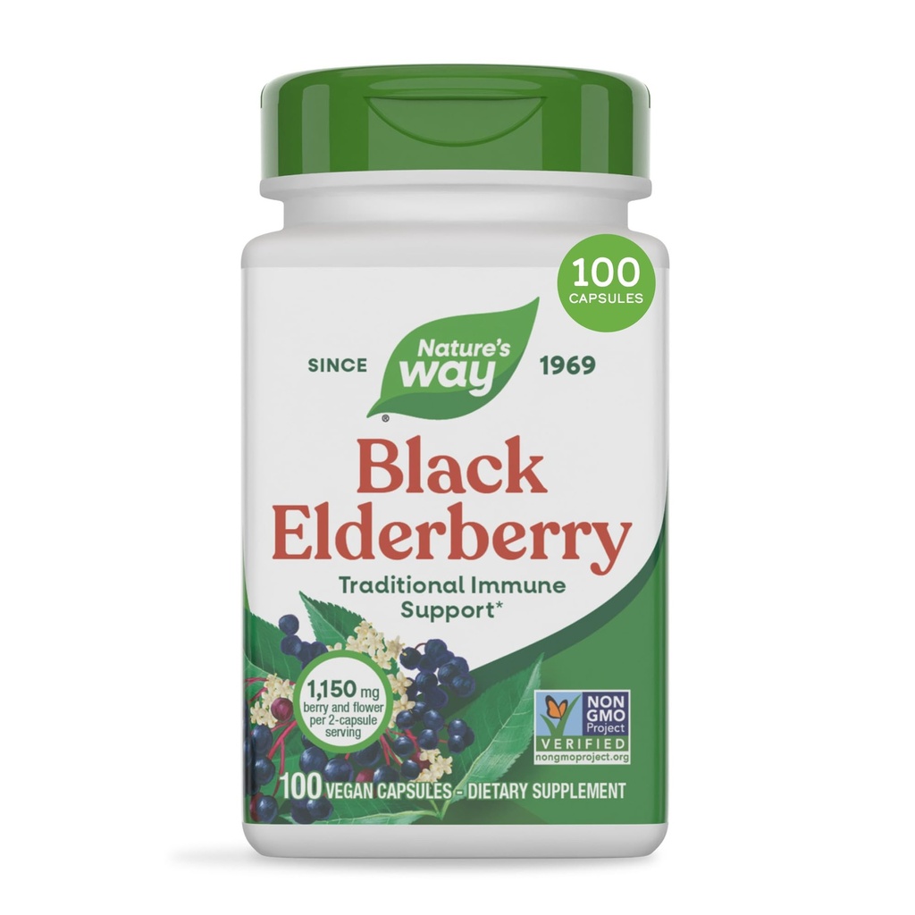 Příroda je cesta Black Elderberry Kapsle, Tradiční imunitní podpora * Dodatek s Elderberry a Elderflower, Plant Powered, 100 Kapsle (Balení květen Vary)