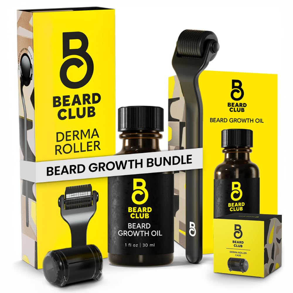 Beard Club Premium Derma Roller & Beard Growth Oil - Microneedling Roller s 540 Titanium Microneedles for Face, Body and Scalp - Beard Roller with Sandalwood & Cedar Beard Oil