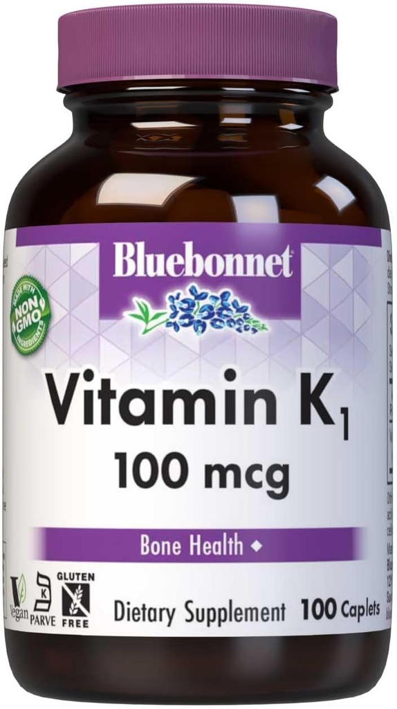 Bluebonnet vitamin K1 100 mcg Podporuje zdraví kostí - Phylloquinon Crystalline vitamin K dodatek - Non- GMO, Kosher Certified, gluten- Free, Dairy- Free - 100 Veganské Kapsle