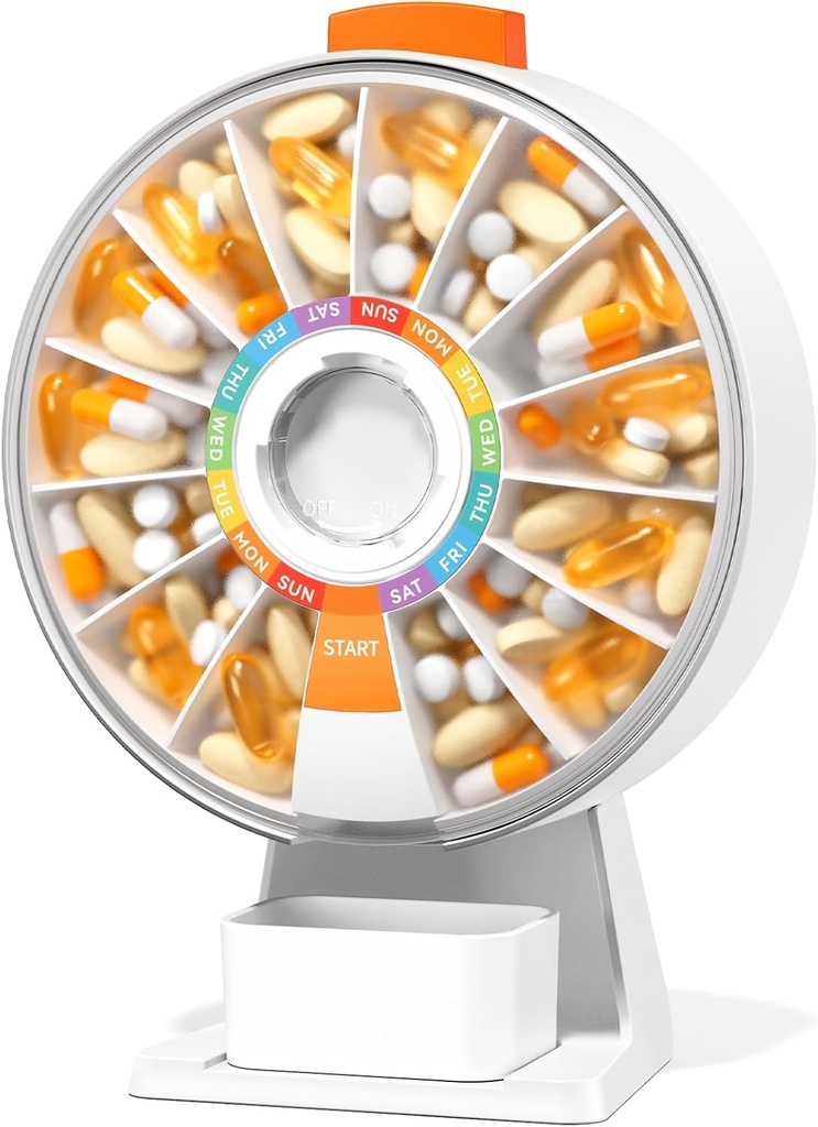Zoksi Velké Fun Pill Dsipenser, Daily Pill Box pro 7 nebo 14 dní, Wall- Mountable nebo Tabletop týdenní Pill Organizátor Hold for Medicine, Vitamin nebo doplňky, Pouzdro na pilulky s Easy Press Button (White)