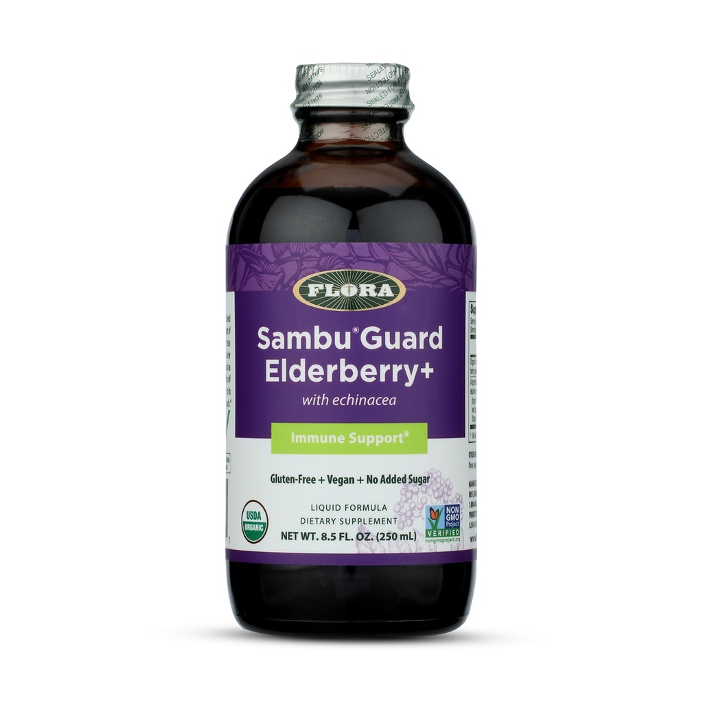 Flora Organic Black Elderberry Syrup + 8.5oz - Imunitní Booster s Echinacea, pro děti a dospělé, No Add Sugar, Gluten Free, Vegan, SambuGuard