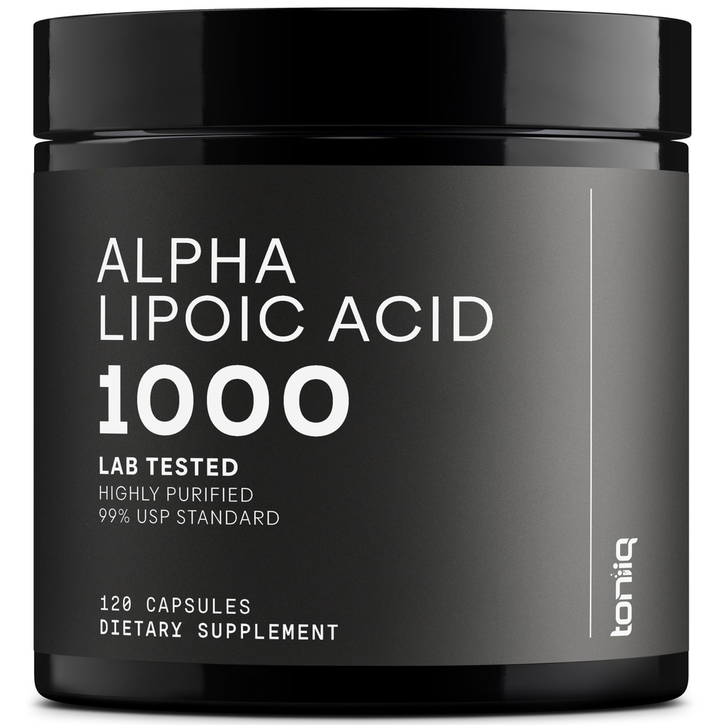 Toniiq 1000mg Ultra vysoká síla Alpha kyseliny lipoové Kapsle - Vysoce čištěná 99% + USP Standard - 120 Kapsle ALA Dodatek