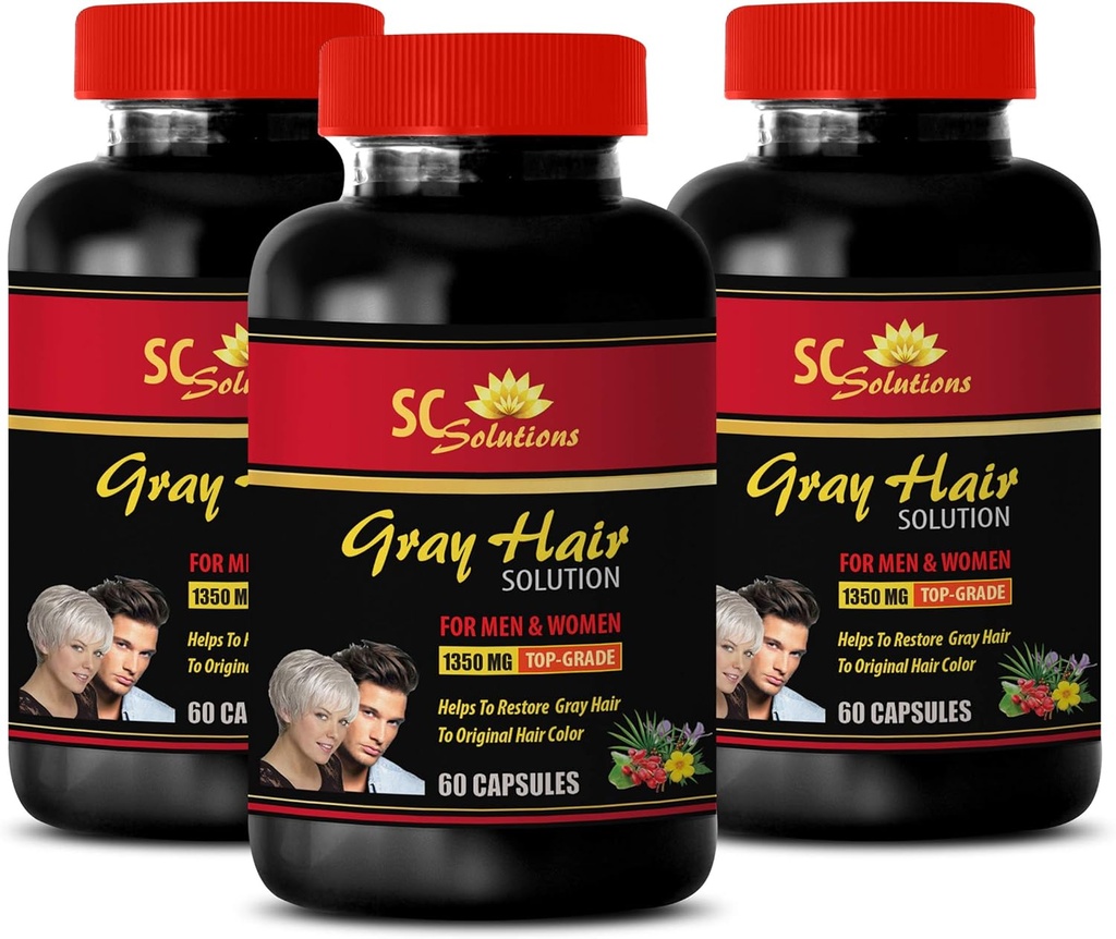 Energetické pilulky - Anti- Gray Hair Solution - pro muže a ženy - Kyselina listová, Biotin, Pantotenová kyselina, Catalse, Koňský ocas, Saw Palmetto, PABA, L-Tyrosin, Nettle, chlorofyl, Fo Ti, Barley 3B 180 Caps
