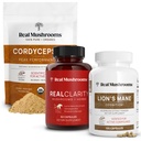 Real Houby RealClarity (60ct) & Lions Mane (120ct) Kapsle w / Cordyceps Powder Bundle - Houbový dodatek pro duševní jasnost, Focus, Cognition, Energy & Vitality - Vegan, Non- GMO