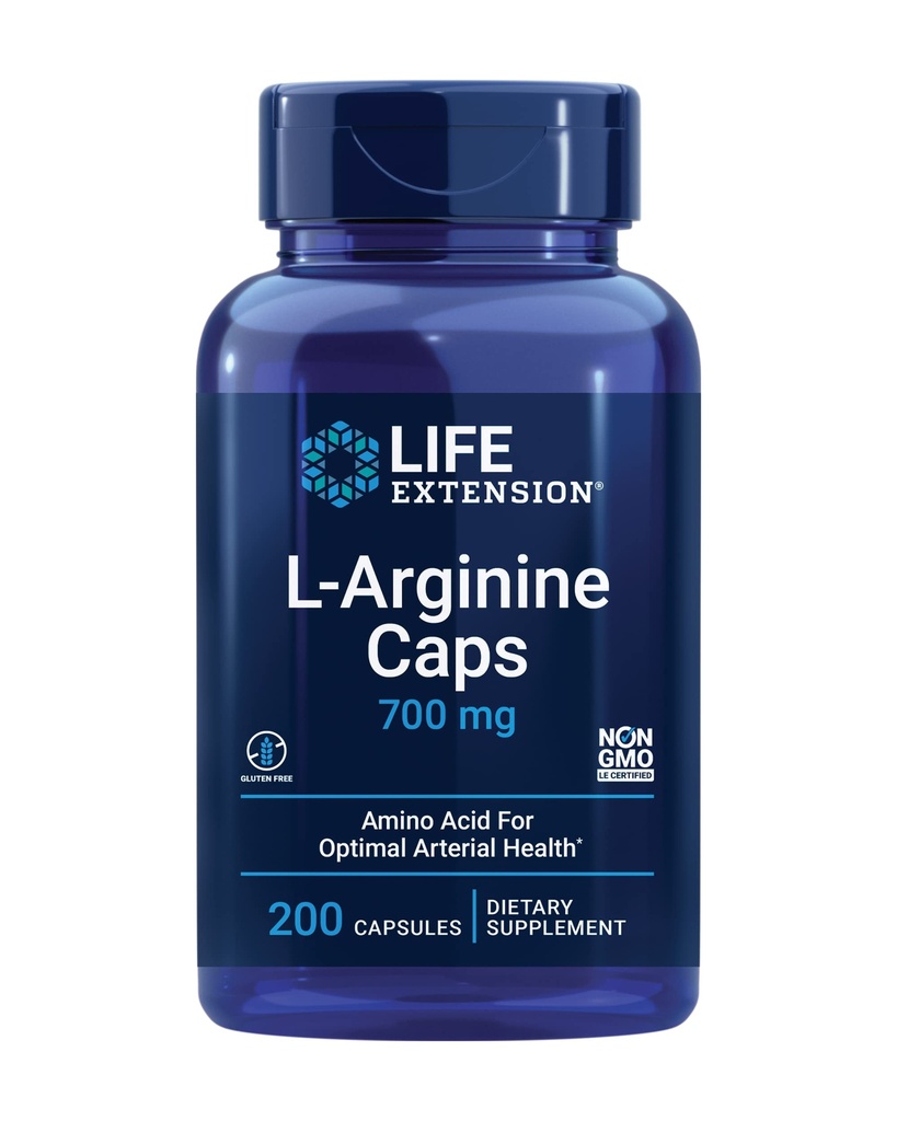 Life Extension L- Arginin Caps, 700 mg, Vitamin C & Amino Acid for Optimal arterial Health, Podporuje srdce a imunitní zdraví, Zdravé tkáně a kosti, Lepek zdarma, Non- GMO, 200 Kapsle