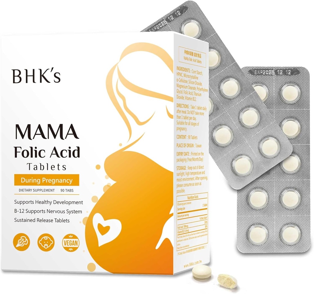 BHK je kyselina listová, předtím, než během těhotenství, podporovat vývoj dětského nervového systému, esenciální vitaminy pro mámu a dítě, 90 tablet