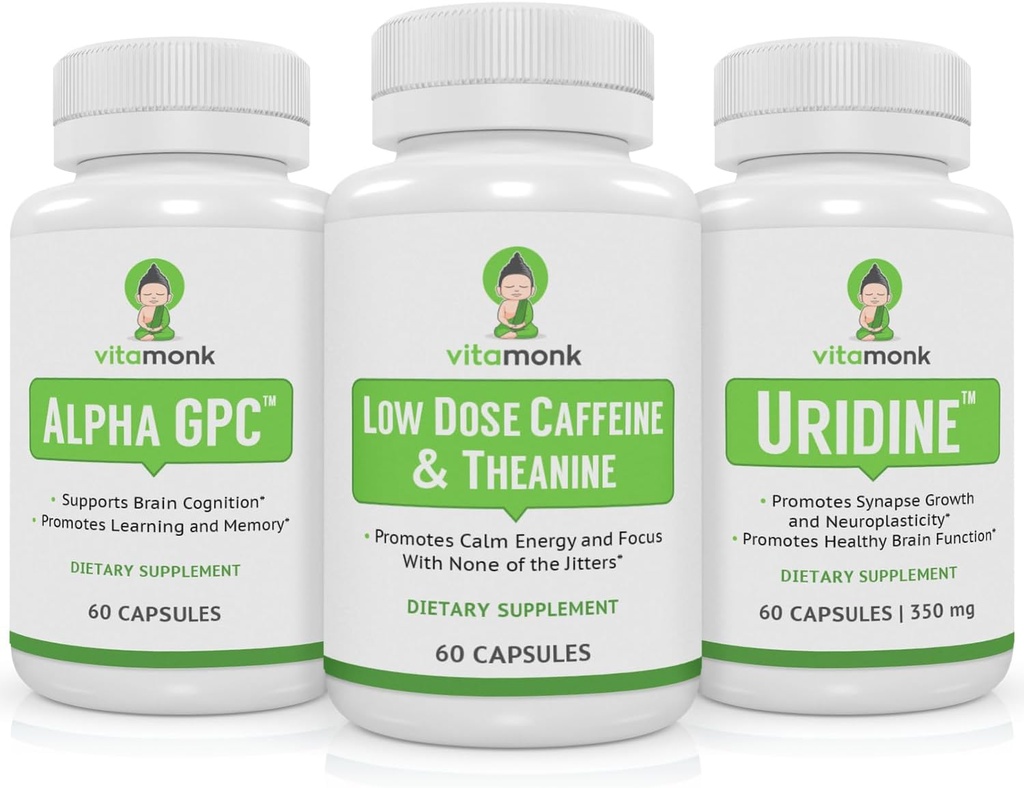 VitaMonk Brain Boost Bundle - Alpha GPC, Uridin, a nízká dávka kofeinu + L- Theanine Duo