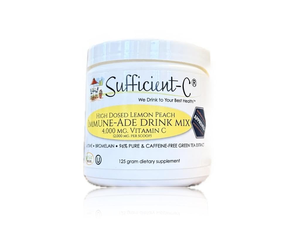 Sufficient- C vysoká dávka Non- GMO vitamin C Lemon Peach Immune- Ade Drink Mix, Pohodlné 125 Gram Velikost w / L-lysin, Bromelain & Premium 96% čistý zelený čaj Extract - Žaludek Friendly, Adrenal Supporting