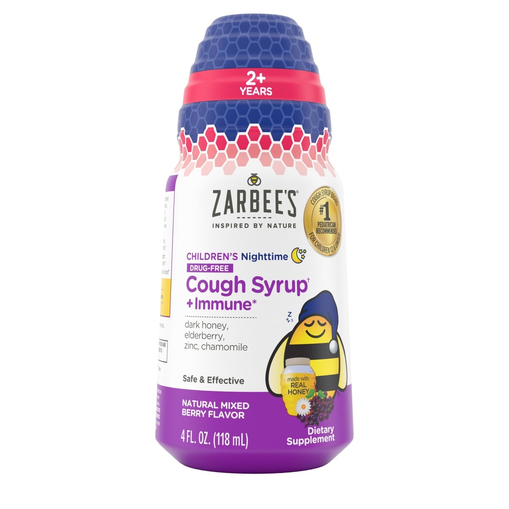 Zarbee 's Children' s Nighttime Honey Cough Syrup + Imunity for Kids 2 +, Cough Syrup with Soothing Dark Honey, Real Elderberry, Vitamin D & Zinek, & Heřmánek, Drog- Free, Smíšené Berry, 4 fl. oz
