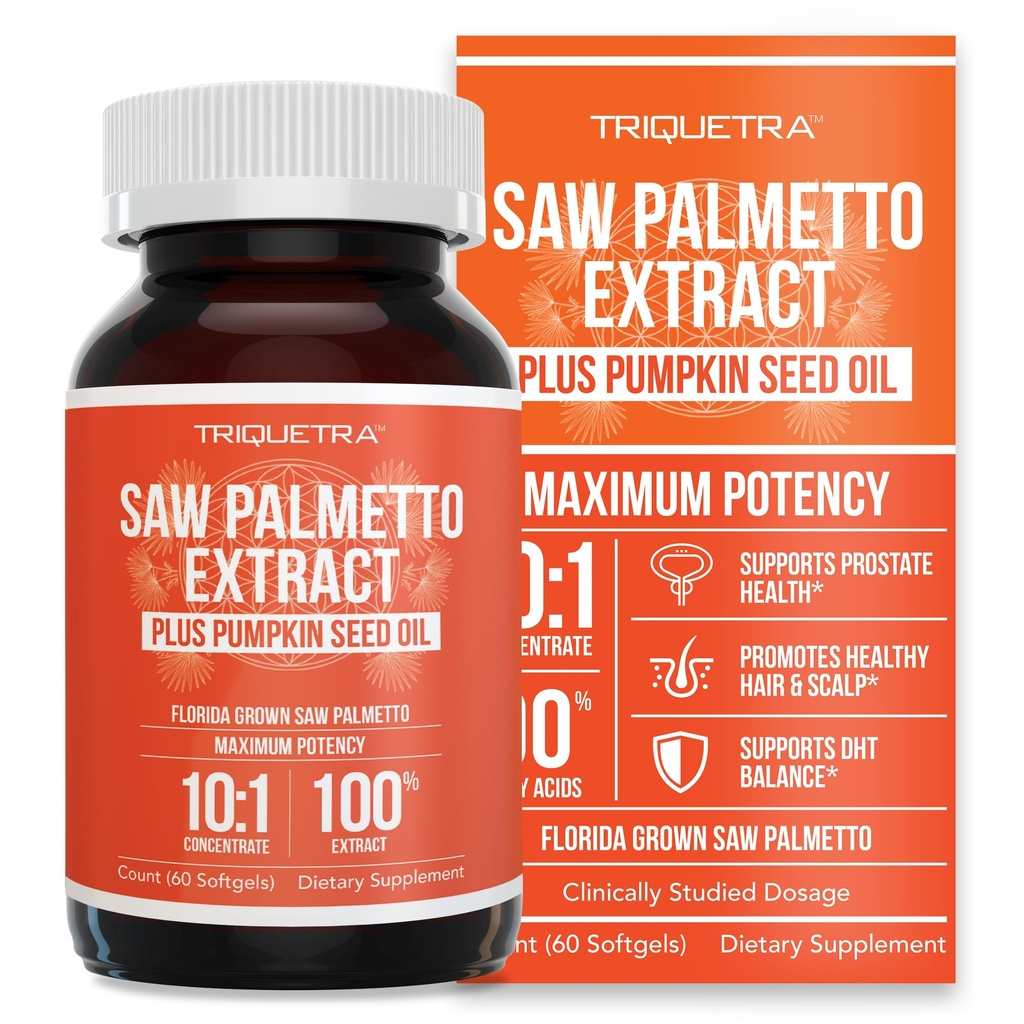 Saw Palmetto Extract - 10X Potenciál, Farmaceutická třída Síla - Plus dýňový olej - Podporuje zdraví prostaty, zmírňuje problémy s močením, podporuje růst vlasů, DHT Blocker - 60 Softgels