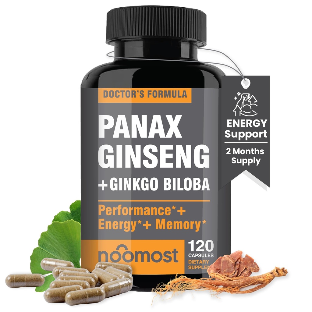 NooMost Authentic Korean Panax Ginseng + Ginkgo Biloba, 120 Vegan Kapsle, Ginseng Root Extract Powder 1000mg (10% Ginsenosids) + Gingko Biloba 60mg, Energy and Focus pilulky pro muže a ženy
