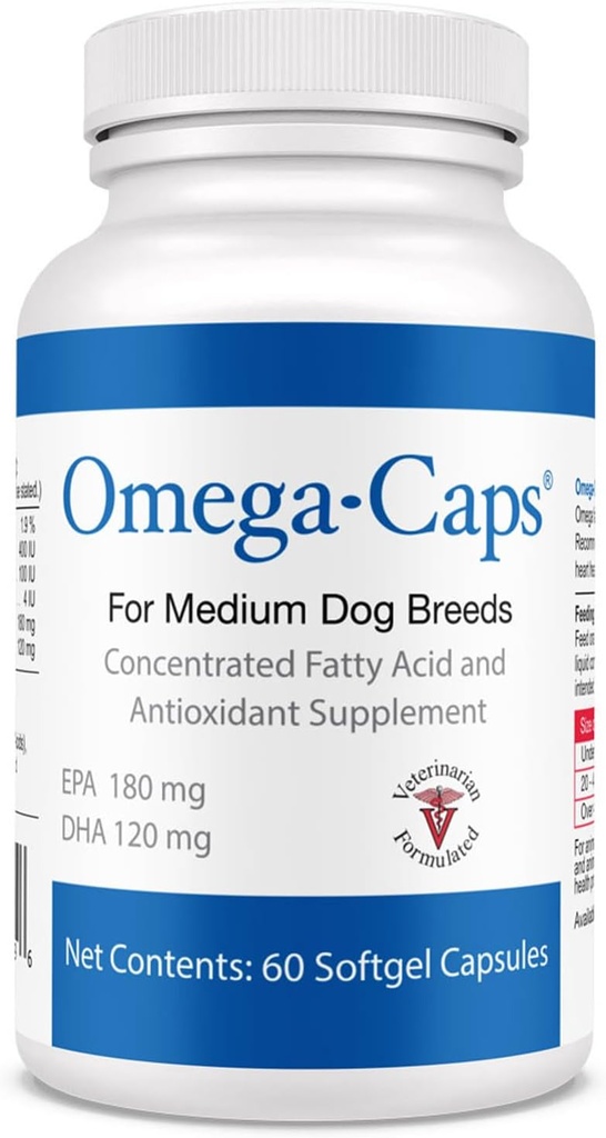 Omega- Caps for Medium Dog Breeds - Omega 3, Vitamíny, Minerály, Antioxidanty - Podpora imunitního systému, spojky, srdce a mozek - 60 Softgel Kapsle