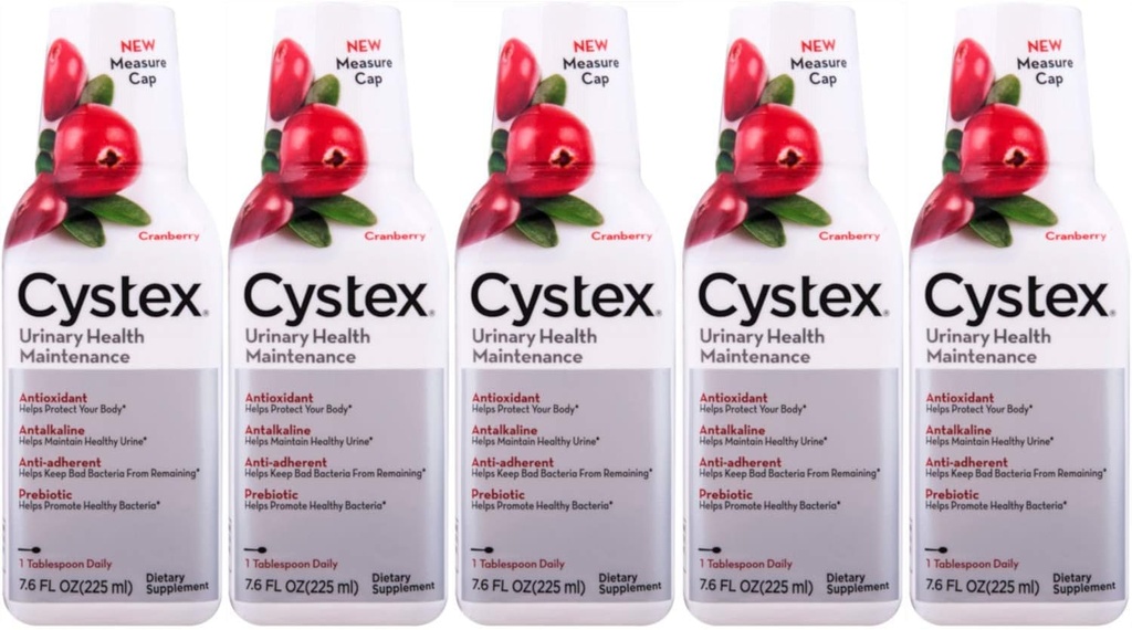 Cystex UTI Prebiotic Cranberry Liquid, Podpora močových cest s D- Mannose, Vitamin C, a Bromelain, 7.6 FL OZ (balení po 5)