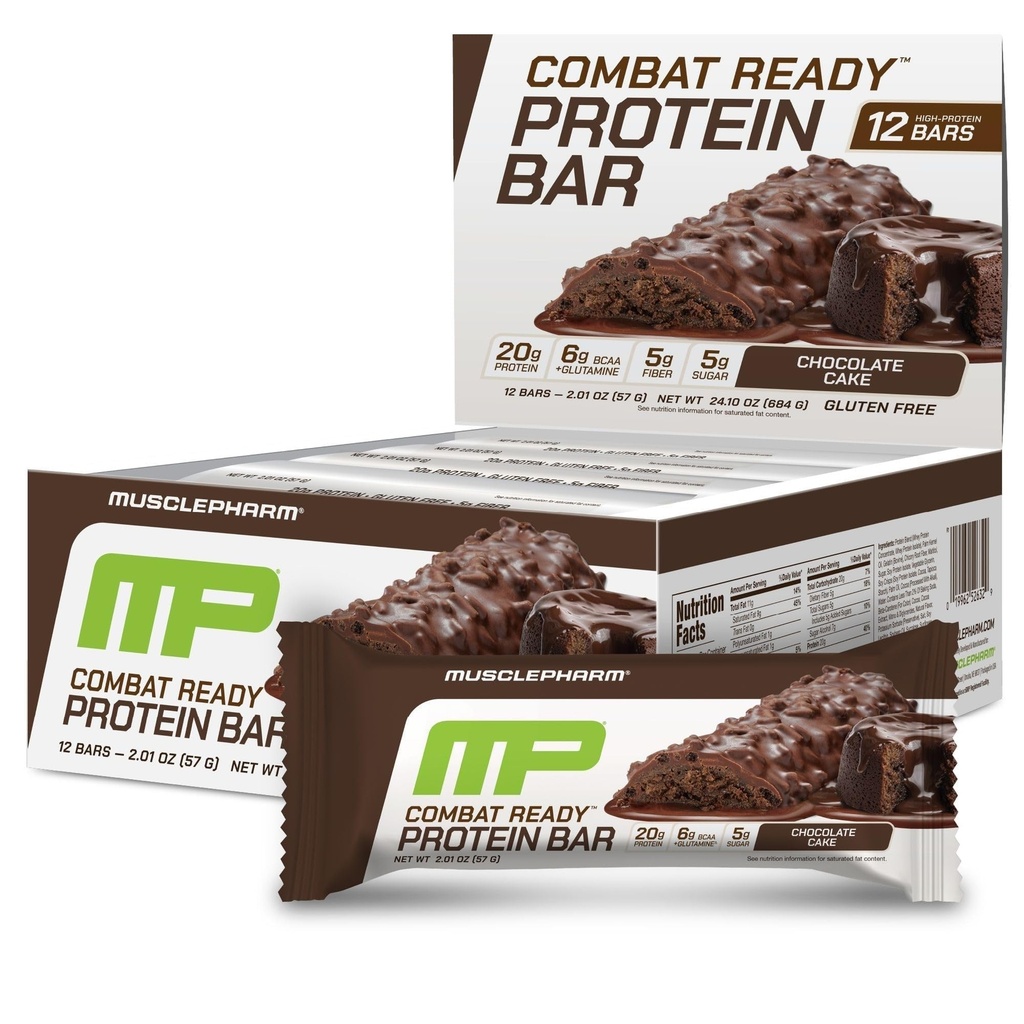 MusclePharm Combat Sport Bar, Čokoládový dort Flavor High Protein Bary, Bojové chutě, Výkon paliva a splnit energetické požadavky, 20g protein z syrovátkového proteinu, 5g Fiber, Gluten Free, 12 Bary
