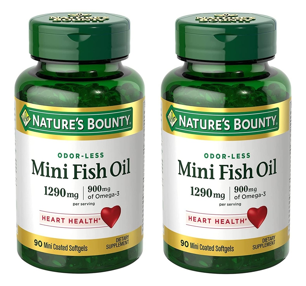 Nature 's Bounty Mini Fish Oil Softgels 1290 mg, Omega-3, podporuje srdce zdraví, Odor- méně, 90 Mini Coated Softgels - Balení 2