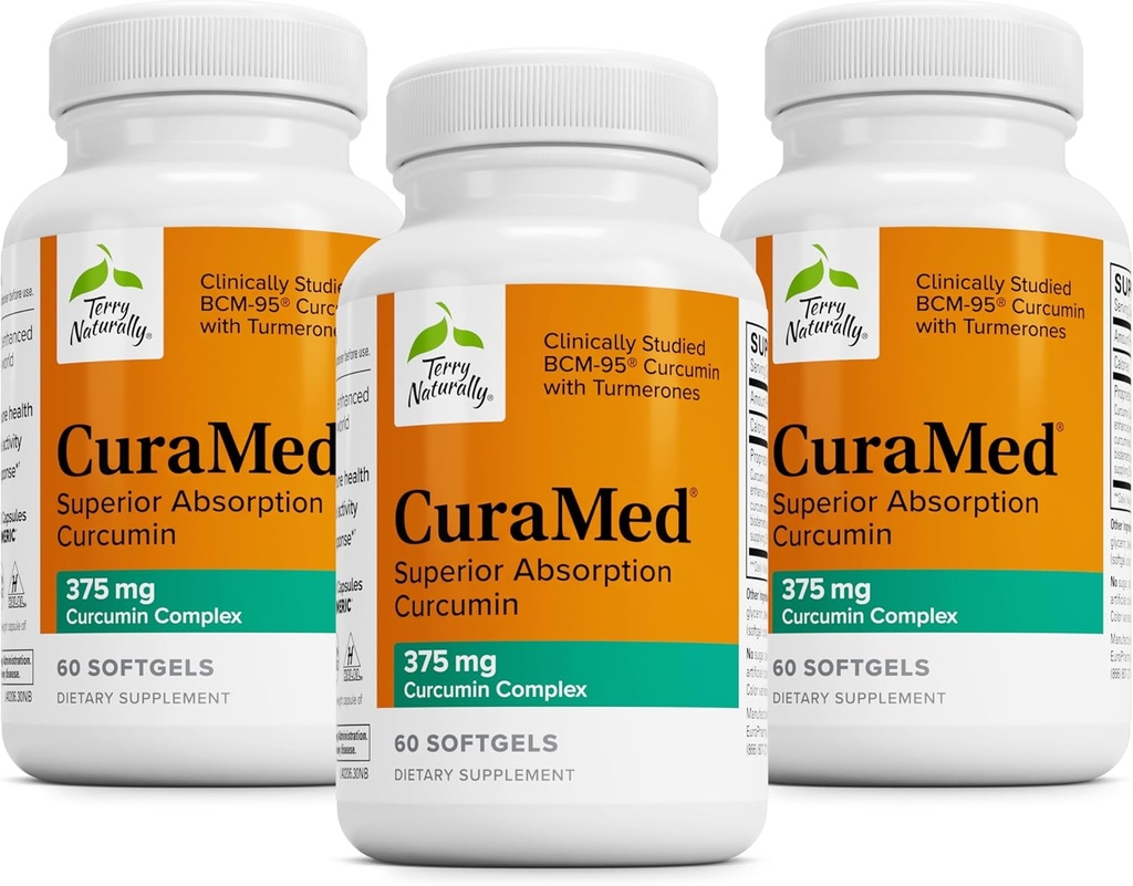 Terry Přirozeně CuraMed 375mg - Antioxidant Supplement for Brain & Imunity Health Support - Dietní dodatek s kurkuminovým a kurkuminovým esenciálním olejem - Herbal Játra Support - 60 Softgels (balení po 3)