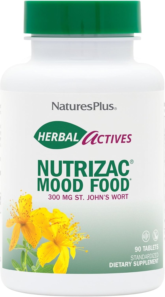Natures Plus Bylinné Actives NutriZAC Mood Food - 300 mg St Johns Wort, 90 Vegan Bi- Layered Tablety - Maximální potence Natural Mood Booster - Vegetarian, gluten- Free - 90 Služeb
