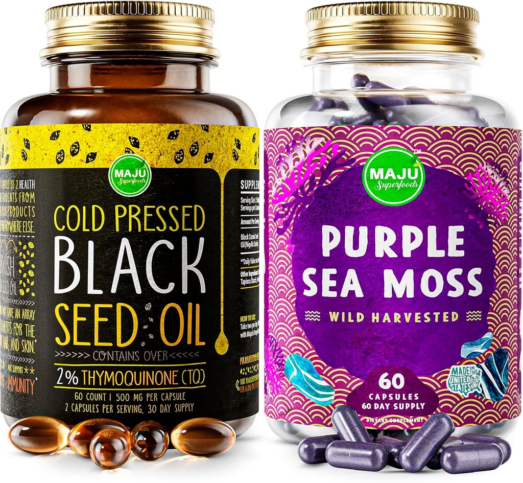 Maju Superfoods Black Seed Oil Kapsle a Purple Moss Kapsle Bundle