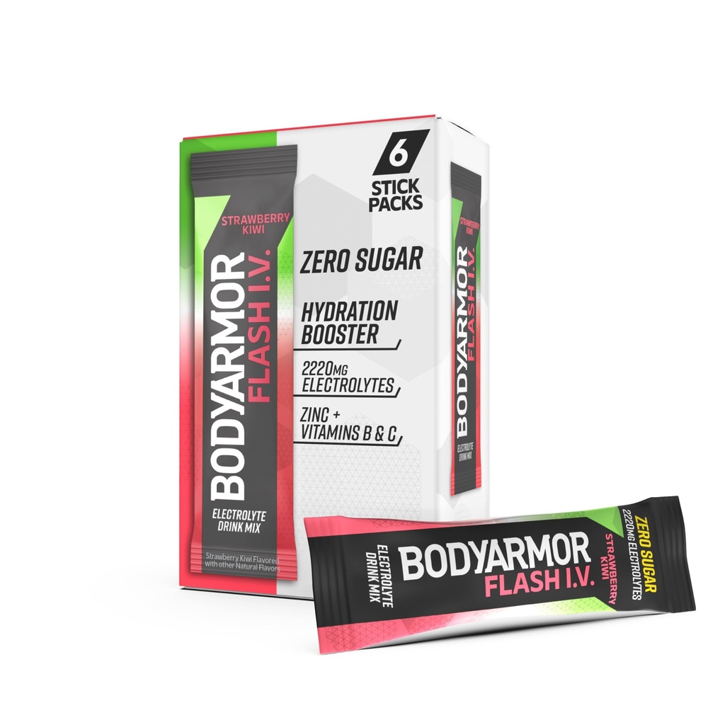 BODYARMOR Flash IV Electrolyte Packets, Strawberry Kiwi - Nula Sugar Drink Mix, Single Serve Packs, Coconut Water Powder (6 Počet)