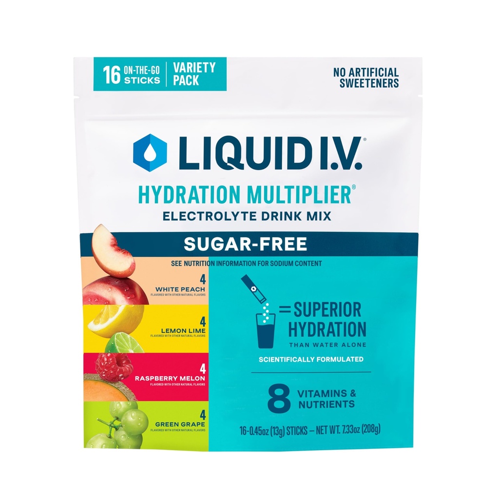 Liquid I.V. ® Hydration Multiplier Sugar- Free Variety Pack - Raspberry Melon, Lemon Lime, White Peach, Green Grape (Variety Pack)