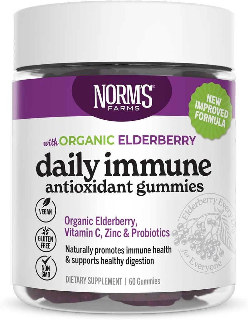 Norm 's Farms Organic Elderberry Gummies - Denní imunitní podpora pro dospělé a děti se zinkem, DE111 Probiotic, Vitamin C - Made in USA, 3. strana Testováno - Vegan, gluten- Free, Kosher, Non- GMO, 60 Gummies