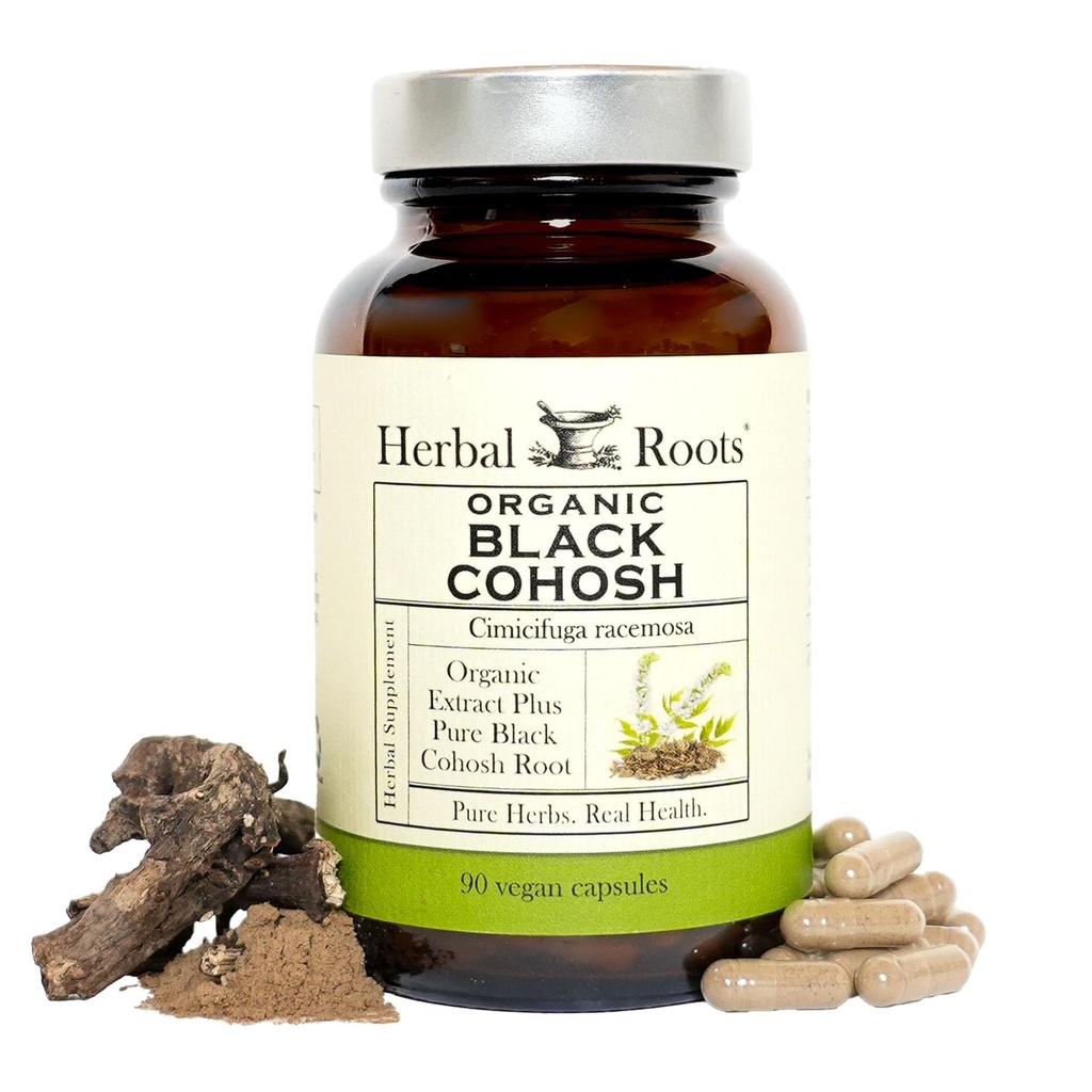 Herbal Roots Organic Black Cohosh Root 124; Extra Strength CLAS124; Menopauza a Menstruační podpora pro ženy CLAS124; 90 Kapsle, Vegan