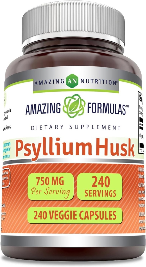 Amazing Applicas Psyllium Husk 750mg Veggie Kapsle Dodatek 124; Non- GMO CLAS124; Gluten Free CLAS124; Made in USA CLAS124; Vhodné pro vegetariány (240 Počet)